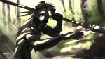  16:9 2020 anthro brown_body brown_fur clothed clothing detailed_background forest fur geewolf hi_res holding_object holding_spear holding_weapon hyaenid looking_at_viewer male mammal melee_weapon outside plant polearm solo spear topless tree tribal weapon widescreen 