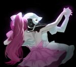  2girls absurdres alien_stage bandana black_background black_hair bow commentary dancing derivative_work dress gloves hair_bow highres lko_k621 mizi_(alien_stage) multiple_girls official_art_redraw pink_bow pink_dress pink_hair ponytail sua_(alien_stage) white_bandana white_dress white_gloves yuri 