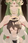  1boy 1girl angel angel_wings breasts brown_hair chain circlet closed_eyes commentary_request gold_chain green_eyes green_hair halo highres huge_breasts hyakumeee kid_icarus laurel_crown md5_mismatch palutena pit_(kid_icarus) scarf smile white_scarf wings yellow_halo 