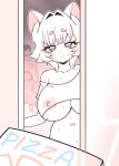  1boy 2girls aijou_rentarou animal_ear_fluff animal_ears ass blue_eyes breasts cat_ears collarbone commentary_request completely_nude delivery doorway erigo hair_intakes hanazono_hakari hetero highres implied_fellatio kimi_no_koto_ga_dai_dai_dai_dai_daisuki_na_100-nin_no_kanojo large_breasts looking_at_viewer multiple_girls navel nekonari_tama nipples nude off_shoulder pizza_box pov pov_doorway see-through_clothes see-through_shirt shirt short_hair solo_focus sweat walk-in white_hair 