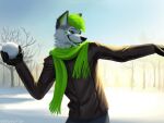 2020 4:3 black_nose canid canine canis clothed clothing domestic_dog fur geewolf green_eyes green_hair green_scarf green_tongue hair husky jacket male mammal nordic_sled_dog open_mouth outside plant scarf sky snow snowball snowball_fight solo spitz tongue topwear tree white_body white_fur winter 