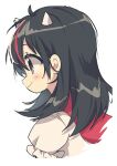  1girl absurdres black_eyes black_hair blush closed_mouth commentary_request cone_horns dress from_side hakurei_reimu highres horns if_they_mated kijin_seija long_hair multicolored_hair natsu_(tohotiara) puffy_short_sleeves puffy_sleeves red_streaks short_sleeves simple_background small_horns smile solo story_in_commentary streaked_hair touhou upper_body white_background white_dress white_horns white_streaks 