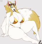 2026 absurd_res anthro bedroom_eyes big_breasts bikini bikini_bottom bikini_top blonde_hair blue_eyes breasts canid canine claws cleavage clothed clothing evie_(doc7821) eyewear eyewear_on_head female fluffy fluffy_tail fox fur glistening glistening_hair gold_bikini golden_week grin hair hi_res huge_breasts long_hair long_tail looking_at_viewer mammal nails narrowed_eyes pawpads seductive simple_background sitting slightly_chubby smile solo sunglasses sunglasses_on_head swimwear tail thick_thighs toe_claws tongue tongue_out two-piece_swimsuit vulpevex wearing_sunglasses white_body white_fur wide_hips