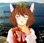  1girl animal_ear_fluff animal_ear_piercing animal_ears bad_anatomy bad_hands bow bowtie cat_ears chen commentary commission extra_digits fang finger_to_mouth green_hat hat highres jusnjuans long_sleeves looking_to_the_side meme mob_cap monkey_thinking_(meme) photo_background skin_fang solo touhou upper_body white_bow white_bowtie 