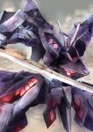  absurdres commentary_request eye_trail glowing glowing_eyes grey_sky highres holding holding_sword holding_weapon light_trail looking_at_viewer makitekka mecha mecha_focus muv-luv no_humans outdoors red_eyes robot science_fiction single_mechanical_horn sky sword tactical_surface_fighter type_00_takemikazuchi upper_body weapon 