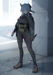  1girl absurdres ammunition_pouch b&amp;t_apc bodysuit commentary_request grey_hair gun hair_between_eyes handgun highres holding holding_gun holding_knife holding_weapon impossible_bodysuit impossible_clothes impossible_leotard knife leotard long_hair m004_(natsukaze_shigure) natsukaze_shigure orange_eyes original pouch skin_tight solo submachine_gun thighs weapon 