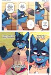  absurd_res anthro begging black_body black_fur blue_body blue_fur blush bodily_fluids bottomwear clothing comic cum cum_on_face dialogue duo english_text eyewear fur genital_fluids glasses hi_res legendary_pok&eacute;mon lucario male male/male nintendo nipples pants pok&eacute;mon pok&eacute;mon_(species) red_eyes rookie_bear text urshifu video_games white_body white_fur 