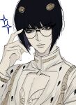  1boy argyle_clothes argyle_sweater black_hair bob_cut bruno_bucciarati bug commentary_request glasses highres jojo_no_kimyou_na_bouken kkaejuk0306 korean_commentary ladybug male_focus pectoral_cleavage pectorals polka_dot polka_dot_hair round_eyewear solo sweater vento_aureo victory_rolls zipper zipper_pull_tab 