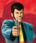  1boy 2012 aiming aiming_at_viewer andreaschepisi arsene_lupin_iii artist_name black_hair black_shirt blue_jacket brown_eyes buttons colosseum commentary_request english_commentary facial_hair grin gun handgun highres holding holding_weapon italian_commentary jacket long_sideburns long_sleeves looking_at_viewer lupin_iii male_focus mixed-language_commentary mutton_chops necktie red_background redrawn shirt short_hair sideburns smile solo teeth walther_p38 weapon yellow_necktie 