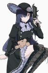  1girl absurdres black_boots black_hair black_hat boots character_name commentary expressionless feet_out_of_frame film_grain finger_on_trigger flower girls'_frontline gun hair_over_one_eye handgun hat hat_feather hat_flower hat_ornament highres holding holding_gun holding_weapon invisible_chair juliet_sleeves lace-up_boots lolita_fashion long_hair long_sleeves looking_at_viewer maxim_9 maxim_9_(girls'_frontline) puffy_sleeves purple_hair red_eyes simple_background sitting solo stuffed_animal stuffed_toy teddy_bear thigh_boots variasii weapon white_background 