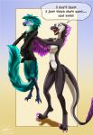 anthro avian bird dinosaur duo english_text fangs feathered_dinosaur feathers female hi_res reptile scalie seekgr text 