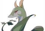  amanoki_00 closed_mouth commentary_request from_side highres no_humans pokemon pokemon_(creature) pokemon_focus red_eyes serperior sideways_glance simple_background slit_pupils snake solo twitter_username white_background 