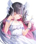  1girl :q absurdres alt_text bare_shoulders black_hair blush closed_eyes closed_mouth collarbone columbina_(genshin_impact) columbina_(the_final_gift)_(genshin_impact) commentary dress english_commentary genshin_impact hands_up head_wings highres holding_utensil long_hair long_sidelocks multicolored_hair official_alternate_costume purple_hair sidelocks simple_background sleeveless sleeveless_dress solo spaghetti_strap tongue tongue_out usagi_mori white_background white_dress wings 