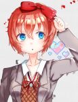  1girl :o absurdres blazer blue_eyes bow brown_sweater_vest collarbone collared_shirt commentary_request doki_doki_literature_club doki_doki_literature_club_school_uniform eyelashes glitch grey_background grey_jacket hair_between_eyes hair_bow heart highres jacket neck_ribbon open_clothes open_jacket open_mouth pink_hair pixel_heart red_bow red_ribbon ribbon sayori_(doki_doki_literature_club) school_uniform shirt short_hair solo sweater_vest tsukasa_ushio white_shirt 