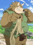  2021 anthro balls belly bodily_fluids brown_body clothed clothing detailed_background dragon_quest eto1212 flaccid genitals hi_res humanoid_genitalia humanoid_hands humanoid_penis kemono male mammal orc_(dragon_quest) outside overweight overweight_male penis solo square_enix suid suina sus_(pig) sweat underwear video_games wild_boar 