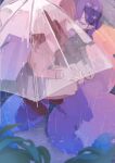  2girls black_skirt brown_hair butterfly_hair_ornament commentary gakuen_idolmaster gokugetsu_gakuen_school_uniform hair_ornament hanami_saki hatsuboshi_gakuen_school_uniform highres idolmaster jacket kaya_rinha kiss long_hair multiple_girls outdoors pink_jacket puddle purple_hair rain school_uniform skirt squatting transparent transparent_umbrella umbrella yuri yuusuke_(yyy_xp) 