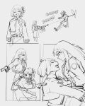  2girls chisato_carrying_takina_(lycoris_recoil) closed_eyes commentary english_commentary greyscale gun handgun harurushi heart highres inoue_takina light_machine_gun long_hair lycoris_recoil lycoris_uniform machine_gun monochrome multiple_girls nishikigi_chisato open_mouth pkm short_hair simple_background unfinished weapon white_background 