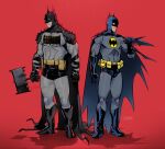  2boys absolute_batman absolute_dc back_spikes bat_mask batman batman_(absolute_dc) batman_(series) batman_symbol belt black_cape bodysuit cape cowl dc_comics grey_bodysuit highres jydawn male_focus multicolored_bodysuit multicolored_suit multiple_boys superhero_costume taut_bodysuit taut_clothes two-tone_bodysuit two-tone_suit utility_belt 