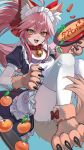  1girl absurdres ahoge animal_ears animal_hands apron aqua_background bell belt black_dress blush bow breasts brown_gloves brown_shoes brown_tail cat_paws collar commentary dress fang fate/grand_order fate_(series) food footwear_bow fox_ears fox_girl fruit gloves hair_between_eyes hair_ribbon highres holding holding_plate jiajiayu jingle_bell large_breasts long_hair looking_at_viewer maid maid_headdress mandarin_orange neck_bell omelet open_mouth paw_gloves paw_shoes pink_hair plate ponytail red_belt red_bow red_collar red_ribbon ribbon shoes short_sleeves simple_background smile solo tamagoyaki tamamo_cat_(fate) tamamo_cat_(second_ascension)_(fate) thighhighs thighs white_apron white_thighhighs yellow_eyes 