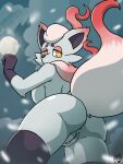  anthro anus butt clothing deathzera female genitals gloves handwear hi_res hisuian_zorua legwear looking_at_viewer low-angle_view moon mostly_nude nintendo pok&eacute;mon pok&eacute;mon_(species) pussy rear_view snow solo thigh_highs video_games 