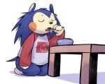 2026 animal_crossing anthro belly black_clothing black_nose black_panties black_underwear blue_body blue_fur blue_hair bowl breasts cereal cereal_bowl cheek_spots clothing container cutlery earthbound_(series) eating eulipotyphlan eyebrows eyes_closed fangs female female_anthro food fur furniture gloves_(marking) hair hedgehog holding_spoon kitchen_utensils kneeling leg_markings long_sleeve_shirt mabel_able mammal markings milk mr._saturn nintendo oofmasterxd open_mouth panties print_clothing print_shirt print_t-shirt print_topwear quill_hair shirt short_tail simple_background slightly_chubby slightly_chubby_anthro slightly_chubby_female small_breasts snout socks_(marking) solo spoon t-shirt table tail tan_body tan_fur teeth thick_thighs tired tools topwear underwear white_background