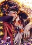  2boys closed_eyes commentary couple cuddling english_commentary facial_mark fire_emblem fire_emblem:_path_of_radiance fire_emblem_heroes flower forehead_mark hand_on_another's_face headband hug ike_(fire_emblem) ike_(valentine)_(fire_emblem) kiss kissing_forehead light_smile male_focus multiple_boys official_alternate_costume short_hair soren_(fire_emblem) soren_(valentine)_(fire_emblem) spacesmilodon upper_body yaoi 