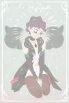  1girl alternate_color arms_between_legs black_hair blue_eyes commentary deardiantha detached_sleeves diantha_(arc_suit)_(pokemon) diantha_(pokemon) earrings english_commentary eyeshadow green_background grey_eyeshadow highres jewelry looking_at_viewer makeup official_alternate_costume one_eye_closed pantyhose pokemon pokemon_masters_ex seiza signature sitting 