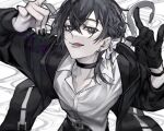  1boy :q black_choker black_hair black_jacket black_nails braid choker collarbone cowboy_shot double_fox_shadow_puppet earrings fox_shadow_puppet from_above gloves hair_between_eyes highres jacket jewelry looking_at_viewer male_focus mole mole_under_eye monochrome oki_charcoal original piercing purple_eyes ribbon shirt side_braid solo tongue tongue_out white_ribbon white_shirt 