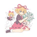  1girl back_bow blonde_hair blue_eyes blush bow bowtie brown_shirt brown_shoes bubble_skirt commentary flower hair_between_eyes hair_ribbon highres holding holding_flower lily_of_the_valley looking_at_viewer medicine_melancholy puffy_short_sleeves puffy_sleeves red_bow red_bowtie red_ribbon red_skirt ribbon ribbon-trimmed_shirt ribbon-trimmed_skirt ribbon_trim shirt shoes short_hair short_sleeves silverrain simple_background sitting skirt socks solo su-san touhou wariza white_background white_bow white_socks 