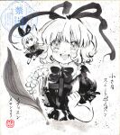  1girl absurdres blush bow bowtie commentary_request english_commentary flower greyscale hair_ribbon highres lily_of_the_valley looking_at_viewer medicine_melancholy medium_hair mixed-language_commentary monochrome open_mouth puffy_short_sleeves puffy_sleeves ribbon ribbon-trimmed_shirt ribbon_trim shikishi shirt short_sleeves smile solo su-san teeth touhou traditional_media translation_request upper_body upper_teeth_only watermark watermark_grid yuzuha_(yuzutime) 