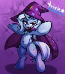  2021 anthro blue_body blue_horn cape clothing cutie_mark equid equine female friendship_is_magic hasbro hat headgear headwear hi_res hooves horn kyouman mammal my_little_pony navel open_mouth purple_cape purple_eyes quadruped solo standing teeth tongue trixie_(mlp) unicorn witch_hat 