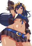  1girl :q absurdres arm_behind_head arm_up armpits asymmetrical_horns bandeau belt black_jacket black_skirt black_sleeves blue_bandeau blue_belt blush breasts brown_eyes brown_horns closed_mouth commentary_request contrapposto cowboy_shot cropped_jacket dark-skinned_female dark_skin demon_girl demon_horns detached_sleeves from_below groin highres horns irodori_drawpic jacket large_breasts lips long_sleeves looking_at_viewer looking_down microskirt nanashi_inc. navel nose_blush pleated_skirt pointy_ears shimamura_charlotte shimamura_charlotte_(1st_costume) simple_background skirt sleeveless sleeveless_jacket solo stomach tongue tongue_out underboob uneven_horns virtual_youtuber white_background 