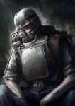  1other absurdres ambiguous_gender arm_rest armor black_background breastplate commentary english_commentary fallout fallout_4 gas_mask hammk highres mask red_assault_visor science_fiction simple_background sitting upper_body vambraces 