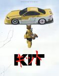  1girl absurdres akira_(manga) akira_movie_poster animal_ears black_gloves black_pantyhose boots car cat_ears cat_girl cat_tail character_name dress elbow_gloves from_behind gameoverse gloves highres kit_bodega lemans_(jinyongtian430) motor_vehicle nissan nissan_silvia nissan_silvia_s15 pantyhose parody red_gloves shadow short_hair sleeveless sleeveless_dress solo sports_car tail translation_request vehicle_focus walking yellow_boots yellow_car yellow_dress 