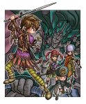  2girls 3boys armor arms_up axe battle_axe black_eyes blank_eyes blue_cape boots border brown_boots brown_hair brown_shirt brown_skirt cape capelet closed_mouth colored_skin commentary_request dragon_quest dragon_quest_ix fake_horns forehead_jewel fur_hat gladiator_(dq9) green_armor green_headband green_shirt green_skirt grey_skin hat headband helmet hero_(dq9) holding holding_axe holding_staff holding_sword holding_weapon holding_whip horned_helmet horns kaneko_osamu medium_hair mitre multiple_boys multiple_girls nokturnus_(dragon_quest) outside_border pants papakha purple_capelet purple_shirt ranger_(dq9) red_hair robe sage_(dq9) serious shirt short_hair skirt staff standing sword twintails two-handed v-shaped_eyebrows weapon whip white_border white_robe yellow_pants 