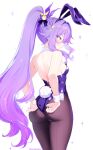 1girl absurdres adjusting_clothes adjusting_leotard alternate_costume animal_ear_hairband animal_ears artist_name ass back backless_leotard black_pantyhose blush breasts closed_mouth commentary english_commentary fake_animal_ears felixkohai fingernails from_behind hairband high_ponytail highres honkai_(series) honkai_impact_3rd leotard long_hair medium_breasts nail_polish pantyhose pink_hair playboy_bunny ponytail purple_hairband purple_leotard purple_nails rabbit_ear_hairband rabbit_ears rabbit_tail simple_background sirin solo star_(symbol) strapless strapless_leotard tail very_long_hair white_background yellow_eyes 
