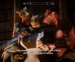 3d_(artwork) anthro argonian armor aroused bethesda_game_studios big_breasts breasts clothing dagger deeja digital_media_(artwork) english_text female grabbed green_body group hand_grab hi_res hobkobbo horn hud jaree-ra kidnapping leather leather_clothing licking lifts-her-tail looking_at_another maid_uniform male melee_weapon microsoft orange_eyes red_body scalie scared shoulder_grab shoulder_strap skyrim smile subtitled teeth text the_elder_scrolls the_lusty_argonian_maid tongue tongue_out trio uniform waist_grab weapon