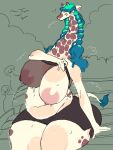  3:4 anthro areola big_breasts blush bodily_fluids bottomwear breasts chubby_anthro chubby_female clothing curvy_figure farley_(kyaramerucocoa) female fur giraffe giraffid green_hair group hair hi_res horn huge_breasts kyaramerucocoa long_hair long_neck mammal nipples one_breast_out outside pink_areola pink_nipples shorts sitting slightly_chubby solo_focus spots spotted_body spotted_fur sweat translucent translucent_clothing trio voluptuous wide_hips 
