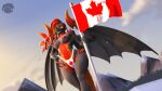 16:9 2026 3d_(artwork) 4k 5_fingers absurd_res anthro areola arm_spikes arms_bent artist_logo black_membrane black_wings blue_sky breasts canada canada_day canadian_flag cheek_spikes clothed clothed_anthro clothed_female clothing clothing_pull cloud colored digital_media_(artwork) dragon dutch_angle english_description european_mythology eyebrows facial_spikes female fingers flag flag_(object) glowing glowing_eyes hair hi_res hip_spikes holding_flag holding_object holidays light lighting logo long_hair looking_at_viewer low-angle_view medium_breasts membrane_(anatomy) membranous_wings mountain_range multicolored_body multicolored_hair multicolored_scales mythological_creature mythological_scalie mythology nipples non-mammal_breasts non-mammal_nipples open_mouth open_smile orange_hair outside red_areola red_body red_eyebrows red_hair red_nipples red_scales red_spikes red_tail red_tongue scales scalie shaded sharp_teeth shoulder_spikes skrekdathird sky skyress_(skrekdathird) smile smiling_at_viewer solo source_filmmaker_(artwork) spikes spikes_(anatomy) standing tail teeth thick_thighs thong thong_pull tongue topless topless_anthro topless_female two_tone_body two_tone_hair two_tone_scales underwear underwear_pull western_dragon white_clothing white_thong white_underwear widescreen winged_dragon wings yellow_eyes