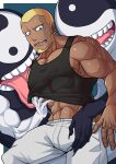  1boy abs absurdres areola_slip bara beard black_tank_top blonde_hair buzz_cut chinstrap_beard commentary daifuku_(yomi_no_tsugai) dark-skinned_male dark_skin ear_piercing earrings facial_hair hamura_kenichi highres jewelry lifting_another's_clothes male_focus monster muscular muscular_arms muscular_male ohagi_(yomi_no_tsugai) paid_reward_available pectoral_cleavage pectorals piercing purple_eyes short_hair tank_top teeth tofuboyz tongue tongue_out very_short_hair yomi_no_tsugai 