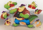  2021 alligator alligatorid anthro bottomwear brok_(character) brok_the_investigator clothing crocodilian eyes_closed green_body hat headgear headwear humanoid_hands male multiple_poses musclegut pants piti_yindee pose reptile scalie shirt solo topwear video_games 