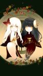  2girls black_background black_hair blue_flower blush_stickers butterfly_hair_ornament circle closed_mouth commentary_request deformed fatal_frame fatal_frame:_mask_of_the_lunar_eclipse fatal_frame_ii:_crimson_butterfly flower full_body gradient_background grey_background haibara_sakuya hair_ornament hand_on_lap hand_to_own_mouth hand_up hands_on_lap haori highres invisible_chair japanese_clothes kamiyamana kimono kureha_(fatal_frame_ii) light_particles long_sleeves looking_at_viewer mask mask_on_head multiple_girls obi obijime orange_background parted_lips red_flower red_kimono redrawn sash sitting tabi white_flower white_hair white_kimono wide_sleeves yellow_eyes yellow_flower 