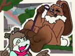 4:3 anthro antlers blushcrunch_studio brown_body brown_fur buckteeth cocoa_(dandy's_world) dandy's_world deer duo feet female foot_fetish foot_on_face fur fur_tuft hi_res horn hybrid knee_tuft lagomorph leash leash_pull leg_tuft leporid mammal multicolored_body multicolored_fur one_eye_closed open_mouth open_smile patugh rabbit smile spiral spiral_eyes tail teeth tuft white_tail