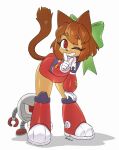 1girl alternate_costume animal_ears bent_over body_fur boots brown_fur brown_hair brown_tail cat_ears cat_girl cat_tail closed_mouth commentary cosplay derivative_work dress english_commentary finger_to_mouth full_body gameoverse gloves grid_teeth hand_on_own_knee highres kaboodle_(gameoverse) kit_bodega looking_at_viewer mega_man_(classic) mega_man_(series) ndbiet official_art_redraw one_eye_closed pose_imitation red_boots red_dress roll_(mega_man) roll_(mega_man)_(cosplay) short_eyebrows short_hair simple_background smile tail twitter_username white_background white_gloves 
