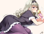  1girl absurdres ass black_dress breasts commentary_request curvy dress food grey_background grey_hair hair_between_eyes highres holding holding_food holding_ice_cream holding_ice_cream_cone ice_cream ice_cream_cone licking_food long_hair lying medium_breasts meitantei_precure! moria_luluka on_side pantyhose precure purple_eyes purple_pantyhose simple_background solo takuma_(takumo7121) tongue 