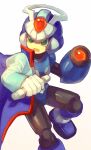  1boy android arm_cannon blue_eyes blue_helmet blue_robe commentary cyber-elf_x_(mega_man) dot_nose foot_out_of_frame forehead_jewel helmet highres hilt_only holding male_focus maro_maronomaro mega_man_(series) mega_man_zero_(series) nakayama_tooru_(style) open_mouth robe simple_background solo weapon white_background x_(mega_man) 