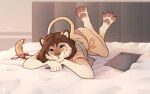 4_toes anthro bed blue_eyes brown_claws brown_hair brown_markings butt cheek_tuft claws clothing colored digital_drawing_(artwork) digital_media_(artwork) facial_tuft feet felid female female_anthro fingers fur furniture hair head_on_hand hi_res holding_object inside lion looking_at_viewer lying mammal markings on_bed on_front pantherine panties pantsless_female pawpads paws pink_clothing pink_nose pink_panties pink_pawpads pink_underwear shaded smile solo tablet tail tail_tuft tan_body tan_fur toes tuft underwear varness-crowe