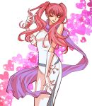  1girl :q ;q bare_arms breasts commentary_request cowboy_shot dress fire_emblem fire_emblem:_the_blazing_blade gloves heart heart_background licking_lips long_hair looking_at_viewer one_eye_closed opalgreen pink_hair purple_eyes purple_scarf scarf serra_(fire_emblem) small_breasts smile solo tongue tongue_out twintails white_background white_dress white_gloves 