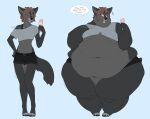  anthro before_and_after black_body black_fur bodily_fluids bottomwear bra breasts brown_hair canid canine clothing crop_top dessert dialogue eyes_closed female food fur grey_body grey_fur hair hand_on_hip hi_res hotpants ice_cream licking male mammal midriff morbidly_obese morbidly_obese_anthro obese obese_anthro obese_female overweight overweight_anthro overweight_female remivalism shirt shorts signature solo surprise sweat tongue tongue_out topwear torn_clothing under_boob underwear weight_gain 