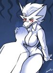  2021 absurd_res anthro bandage big_breasts blaziken blush breasts cleavage clothed clothing duo embarrassed eyebrows eyelashes face_in_breasts female hanako_(lyorenth-the-dragon) hi_res human kneeling lyorenth-the-dragon male mammal neck_tuft nintendo pok&eacute;mon pok&eacute;mon_(species) shirt topwear tuft video_games 